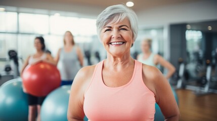 Fototapeta na wymiar Joyful senior woman with exercise ball in a fitness class at a modern gym.
