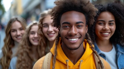 Groupe de jeunes gens joyeux  et d'amis proches en tenues chaudes, partageant des moments de bonheur en ext&eacute;rieur