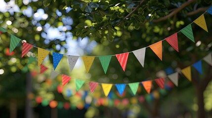 Plain colorful bauting flags on a rope, hung in honor of the holiday in the street. Design, decoration for birthday celebration, party, children's party, joyful event