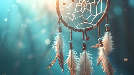 Amulet dream catcher on blur blue background with feathers protection from bad dreams and evil spirits close up. Helps you find peace, attract joy and inspiration - obrazy, fototapety, plakaty