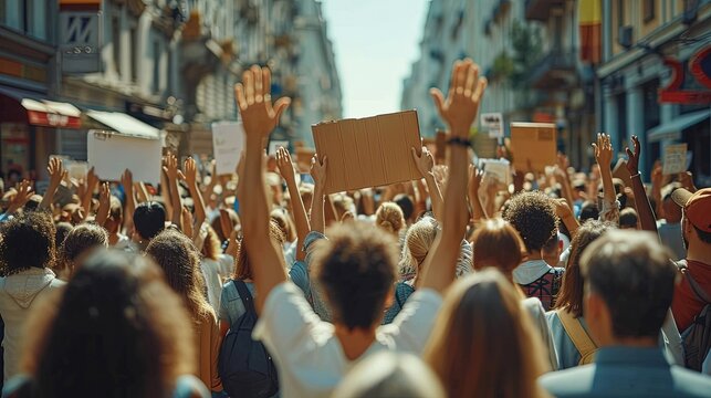 A crowd of people took to the street for a mass protest rally. A demonstration of people's discontent in the city center
