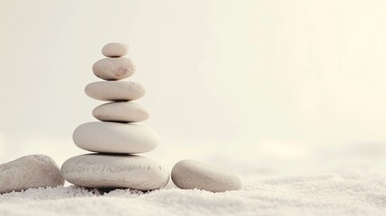 Zen stones, balance stones on the white sand, on a blurred background. Concept of calm, relaxation and meditative state