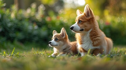 Naklejka na ściany i meble Two corgi dogs, mother and puppy, sit next to each other on the lawn and look in one direction. Advertising of goods for animals, pet food, online store