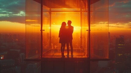 Fototapeta na wymiar Romance urbaine : Silhouette de deux personnes dans une boîte en verre suspendue, vue imprenable sur la ville au coucher du soleil