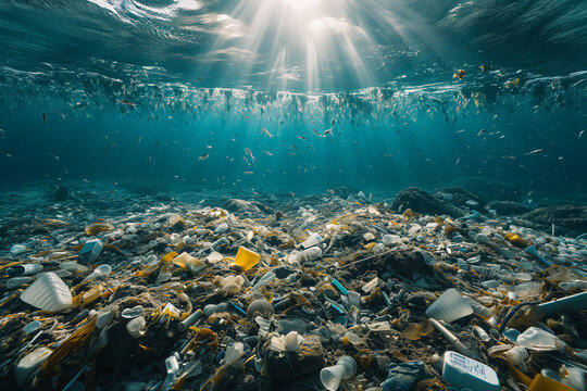 Tons of plastic waste covering the ocean surface. A massive ocean pollution problem and a threat to marine life.