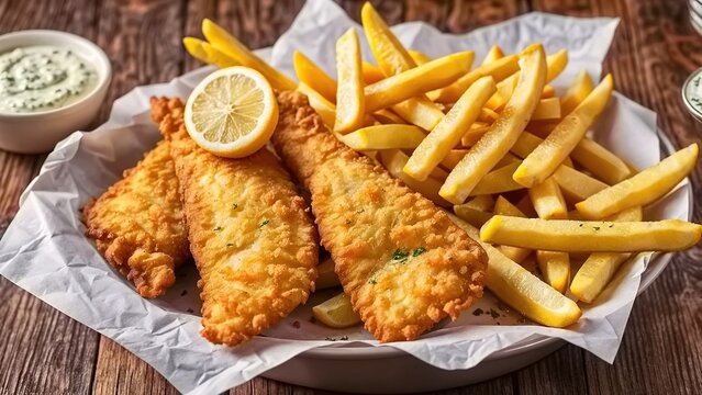 A plate of fish and chips with a lemon wedge and tartar sauce on the side.