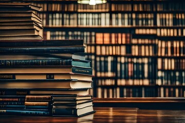 Stack of books in the library room with a blurry background in day time light