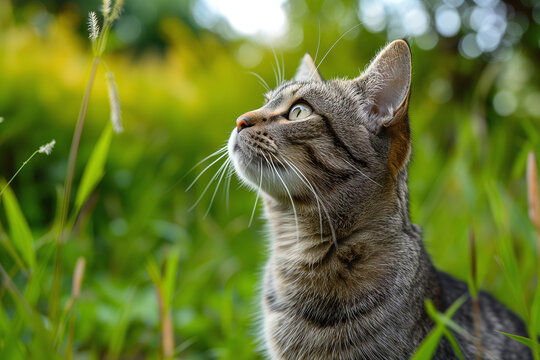 A tabby cat in the garden. nature and pets concept.