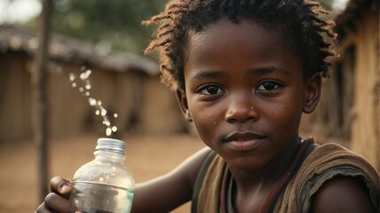 Close-up high-resolution image of a happy rural kid in Africa drinking a bottle of water. Let's make the world a better place. - obrazy, fototapety, plakaty