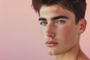 Naklejka premium Portrait of a handsome young man with a trendy hairstyle on a soft pink background, exuding confidence.