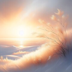 Winter landscape with reeds and sunset. Nature background. Print art.