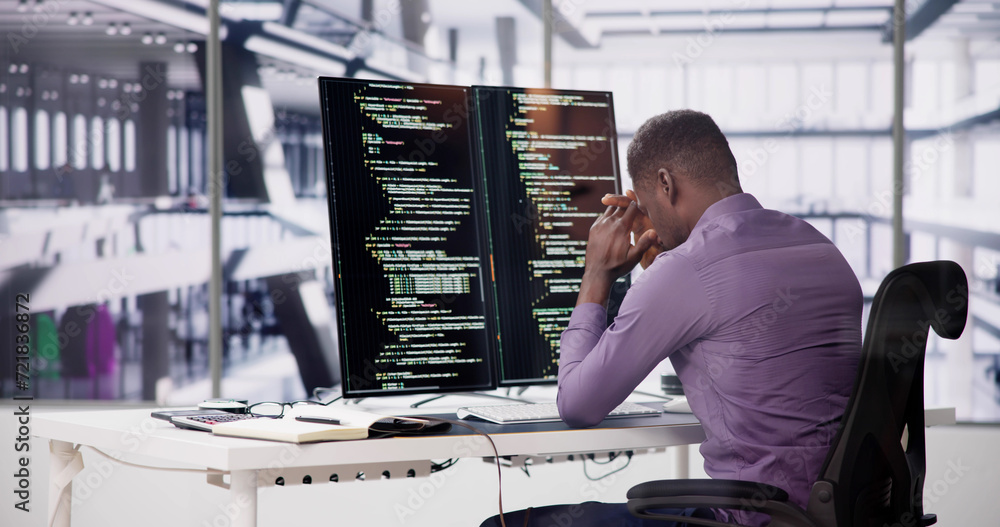 Aufkleber Unhappy Sad Developer Programmer Man In Stress Coding Software