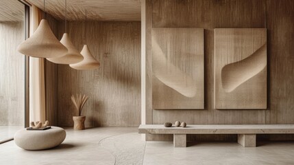 Intérieur contemporain minimaliste avec art abstrait, banc élégant, et éclairage moderne