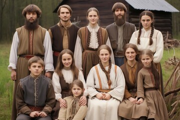 Vintage photo of a Family Portrait. 19th century, 18, Old Believers, Slavs, large family, traditional, village lifestyle, historical, past, culture, people, European, large families