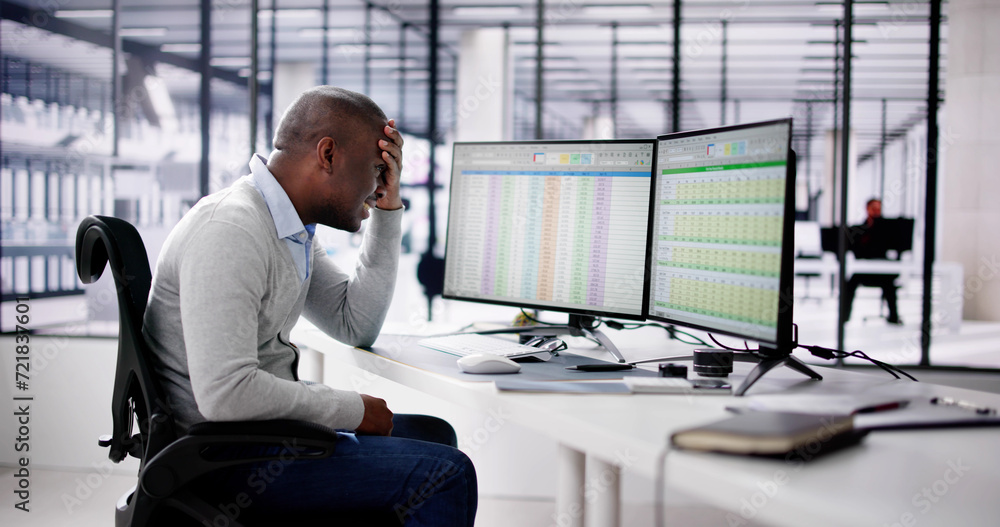 Poster data analyst african man using spreadsheet