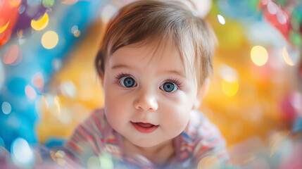 Curious baby with sparkling eyes and colorful backdrop.