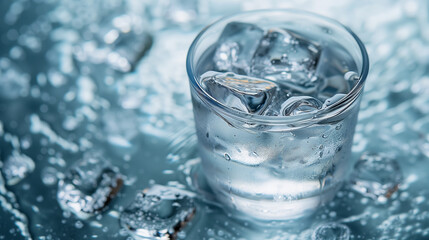 Glass of water with ice on a wet surface.