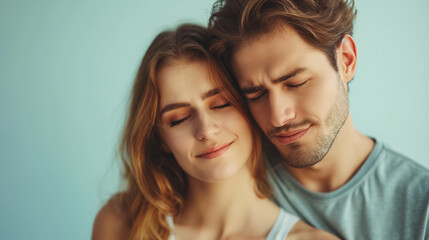 Intimate couple embracing with eyes closed.
