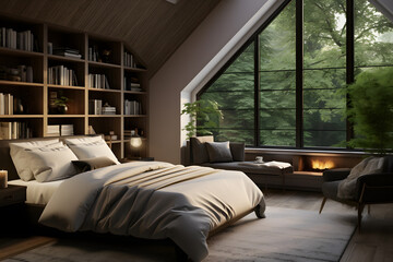 spacious master bedroom with a cozy reading nook - obrazy, fototapety, plakaty