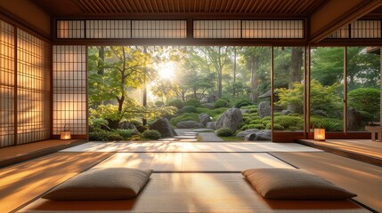 Salle de yoga japonaise traditionnelle avec vue sur un jardin paisible, tatamis, et portes coulissantes