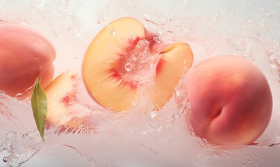 A few photos of peaches and water, with a light pink and transparant texture style, gorgeous colors. Generative Ai