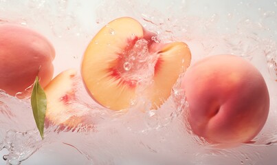 Fototapeta premium A few photos of peaches and water, with a light pink and transparant texture style, gorgeous colors. Generative Ai