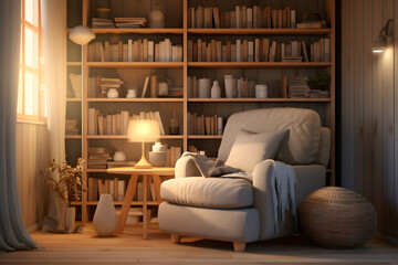 room with a cozy reading nook and bookshelves  - obrazy, fototapety, plakaty