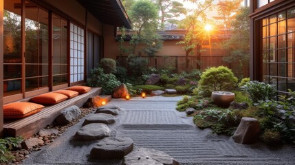 Harmonie japonaise : Espace intérieur serein avec vue sur un jardin traditionnel, table basse et coussins au sol, intégration parfaite de la nature