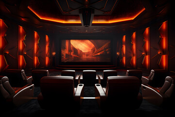 A theater space with motorized blackout curtains - obrazy, fototapety, plakaty