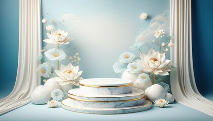 Thai style marble pedestal surrounded by lotus flowers The background is a pastel blue wall. Create a Thai cultural atmosphere on Songkran and Loy Krathong days.