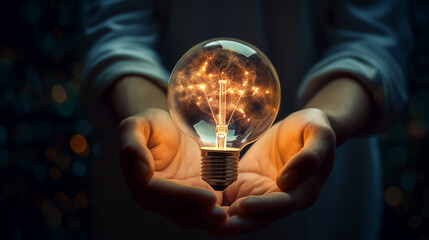 A light bulb shines in the hands of an engineer inspirational thinking ideas Creative solutions for sustainable business growth Engineer checking technology