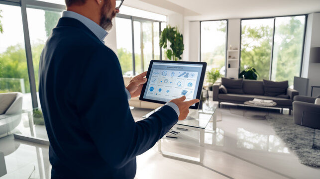 Handsome man uses digital tablet with application to control home devices, smart concept, electrical system, home security system.