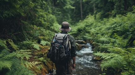 Fototapeta na wymiar Hiker with backpack in lush green forest.