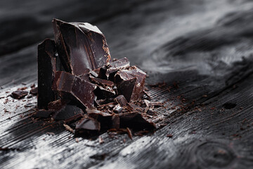 Broken dark chocolate on a wooden table