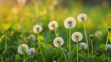 Dandelions in a field at sunset light.