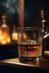 a whisky glass filled with whisky and an ice cube stands on a table