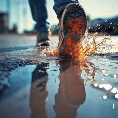 Jogger stepping in a puddle