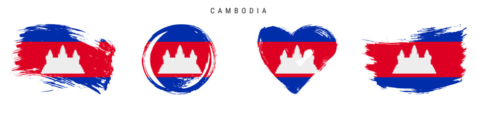 Cambodia hand drawn grunge style flag icon set. Free brush stroke flat vector illustration isolated on white