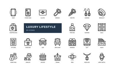 luxury lifestyle wealth rich jewelry gemstone detailed outline line icon set