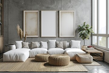 Blank horizontal poster frames mock up in minimal white style living room interior, modern living room interior background