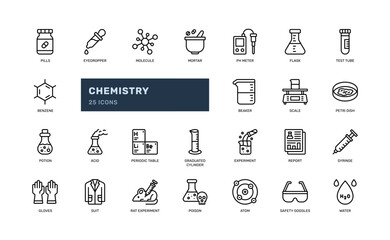 chemistry science laboratory education experiment detailed outline line icon set - obrazy, fototapety, plakaty