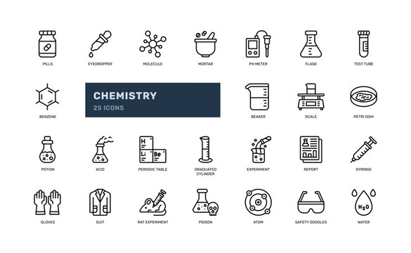chemistry science laboratory education experiment detailed outline line icon set