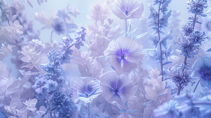 Fototapeta na wymiar Many purple flowers on a blue background 