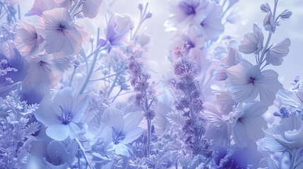 Many purple flowers on a blue background
