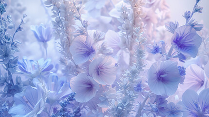 Many purple flowers on a blue background
