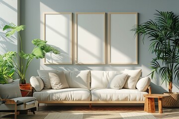Fototapeta na wymiar Blank horizontal poster frames mock up in minimal white style living room interior, modern living room interior background