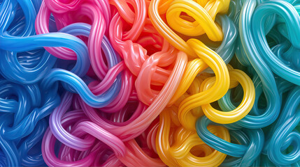 Intertwined strands of thick rubber cord. Colors of rainbow.
