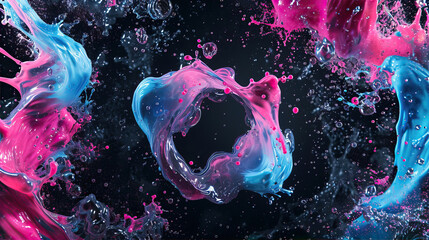 Waves of paint and splashes of blue and pink colors on a black background
