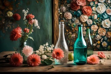 a glass bottle sitting on top of a wooden table, in the style of captivating floral still lifes, light red and light emerald, wimmelbilder, old masters, bloomsbury group, sparkling water reflections, 