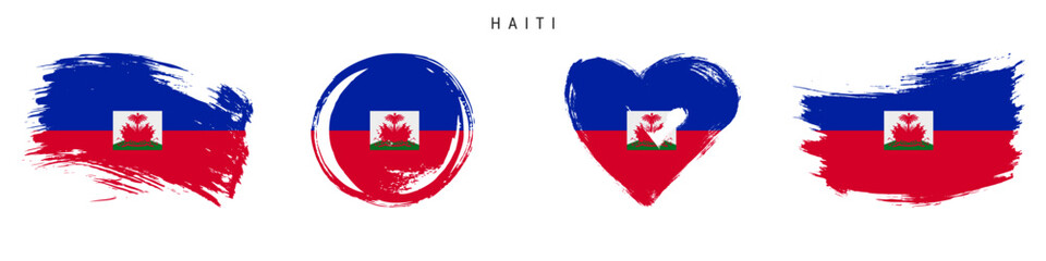 Haiti hand drawn grunge style flag icon set. Haitian banner in official colors. Free brush stroke shape, circle and heart-shaped. Flat vector illustration isolated on white.